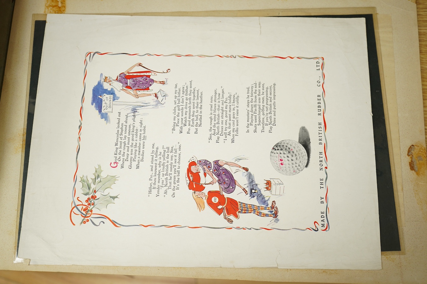 An archive of original designs for the North British Rubber Company to include 'Supercharged Golf Ball, by Percy Caesar, unframed, largest 38 x 28cm. Condition - fair, some discolouration throughout